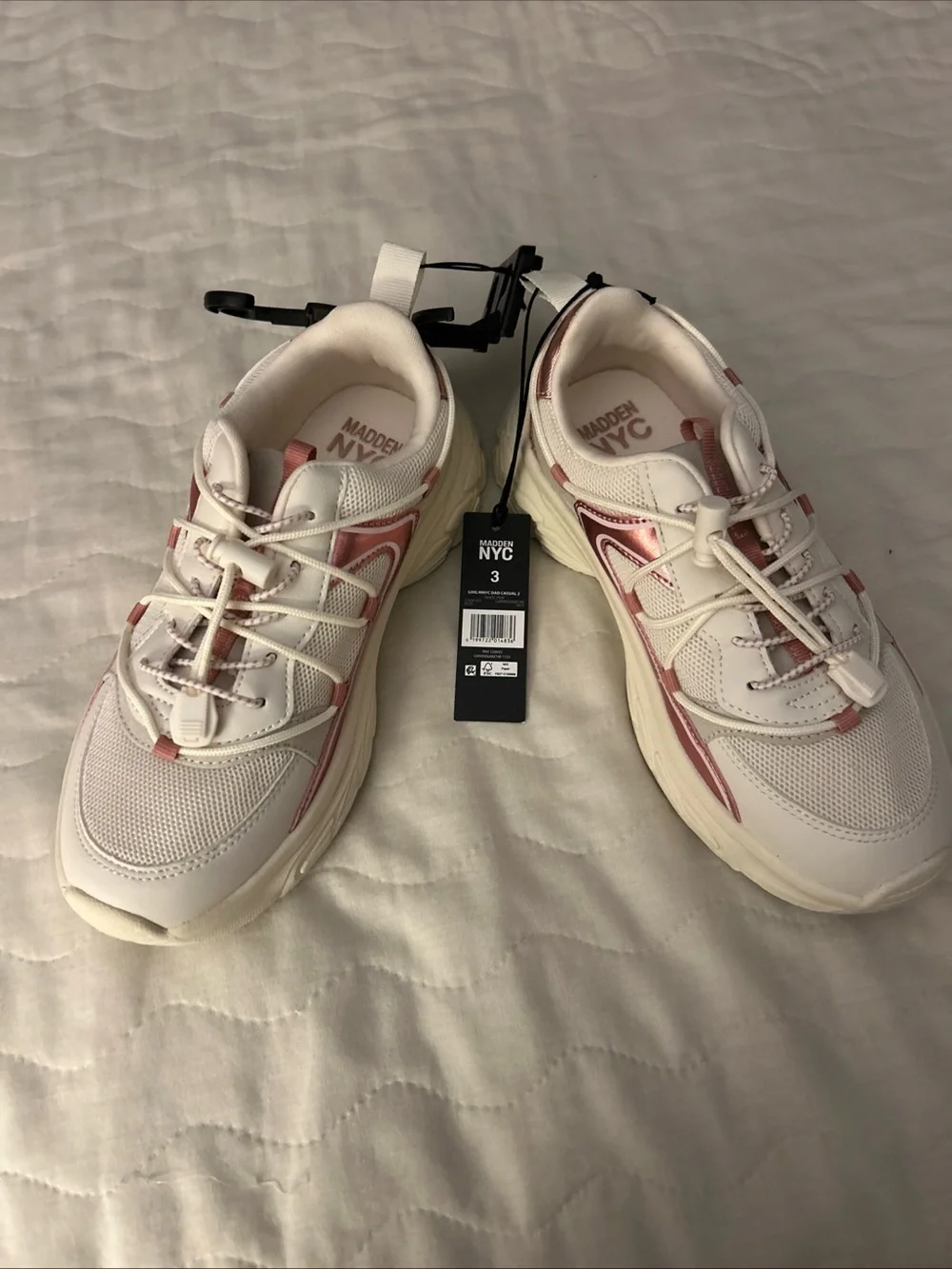 Madden NYC Kids White Sneakers with Pink Metallic Detail